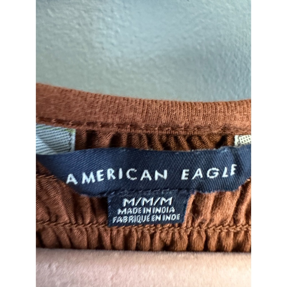 American Eagle Womens M Top Smocked Brown Long Sleeve Peasant Boho Tunic - Picture 3 of 5